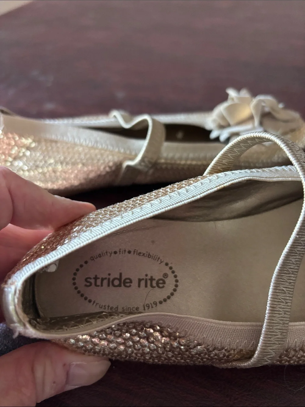 Stride Rite Glitter Gold Flower Mary Jane Flats